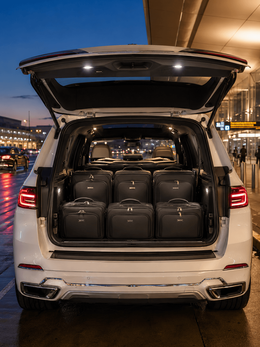 Six matched carry-on bags loaded in the rear cargo of the BMW X7.