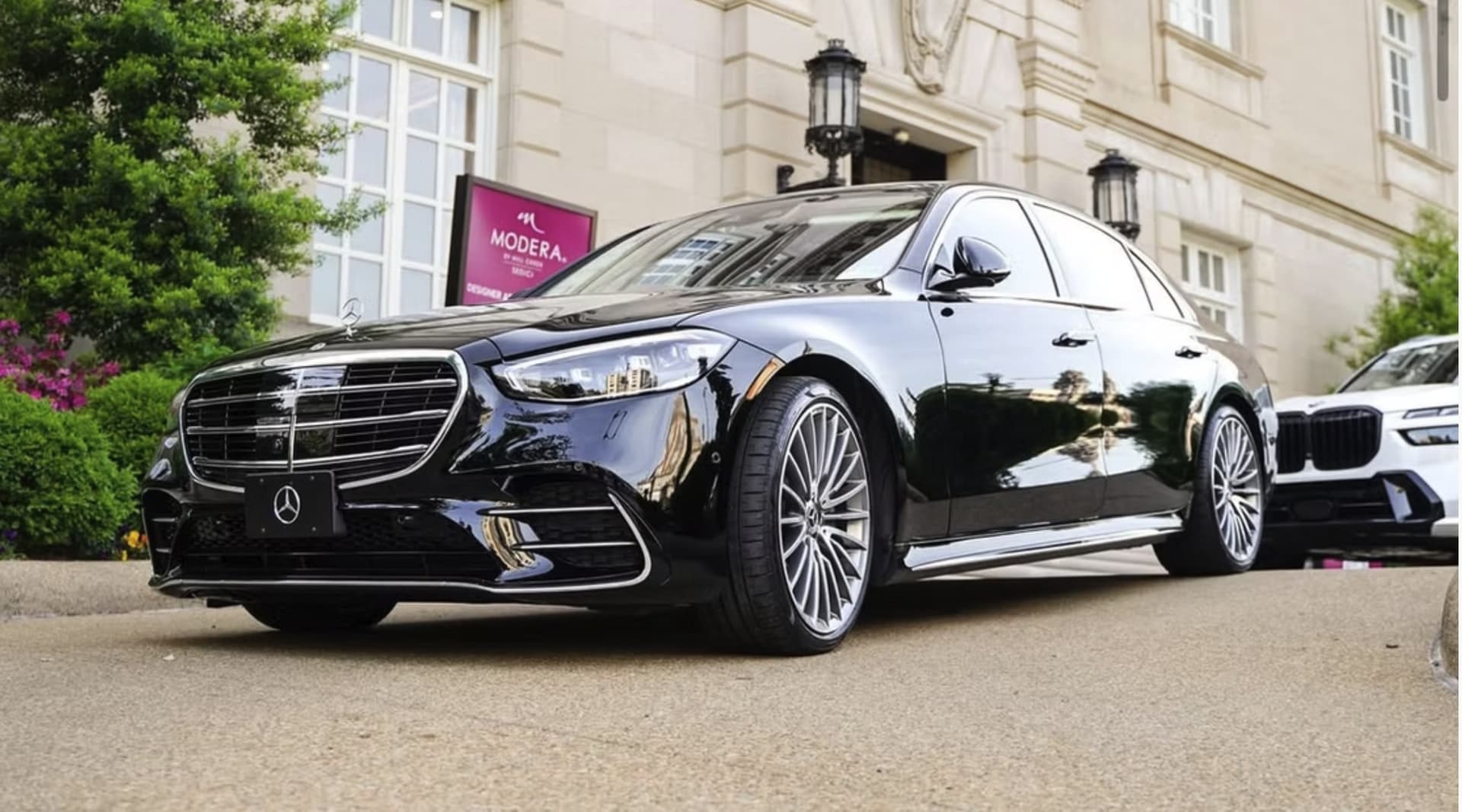 Mercedes-Benz S580 photographed at golden hour outside a Washington, DC venue.