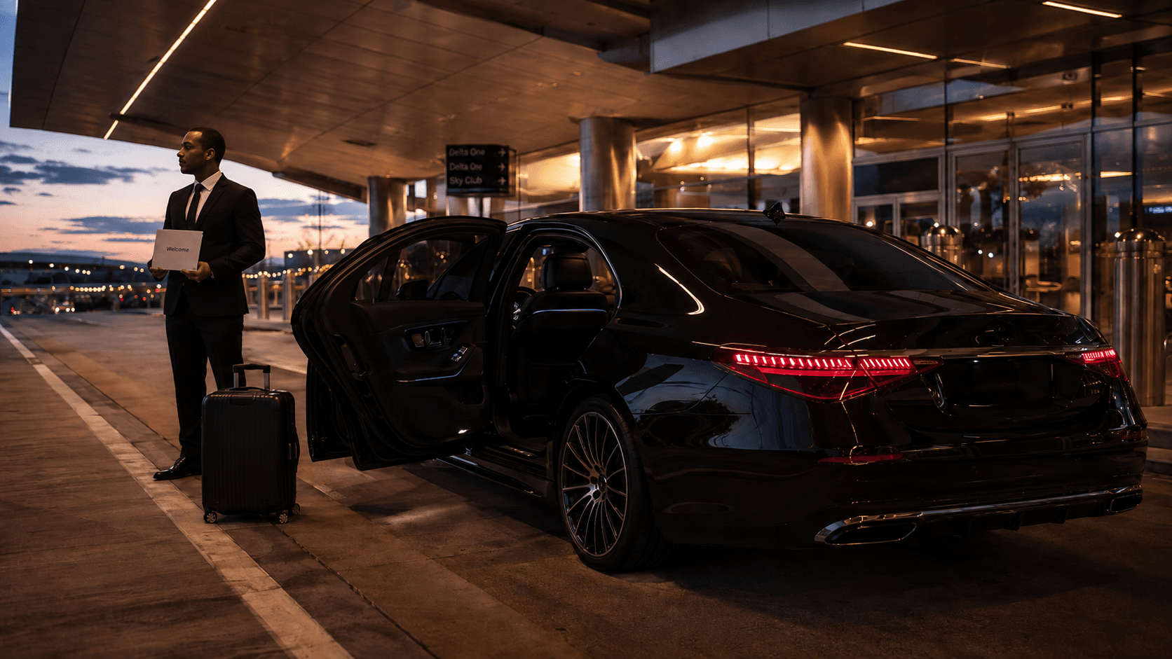 A chauffeur holding a name sign and roller bag beside a black Mercedes sedan at an airport terminal at dusk