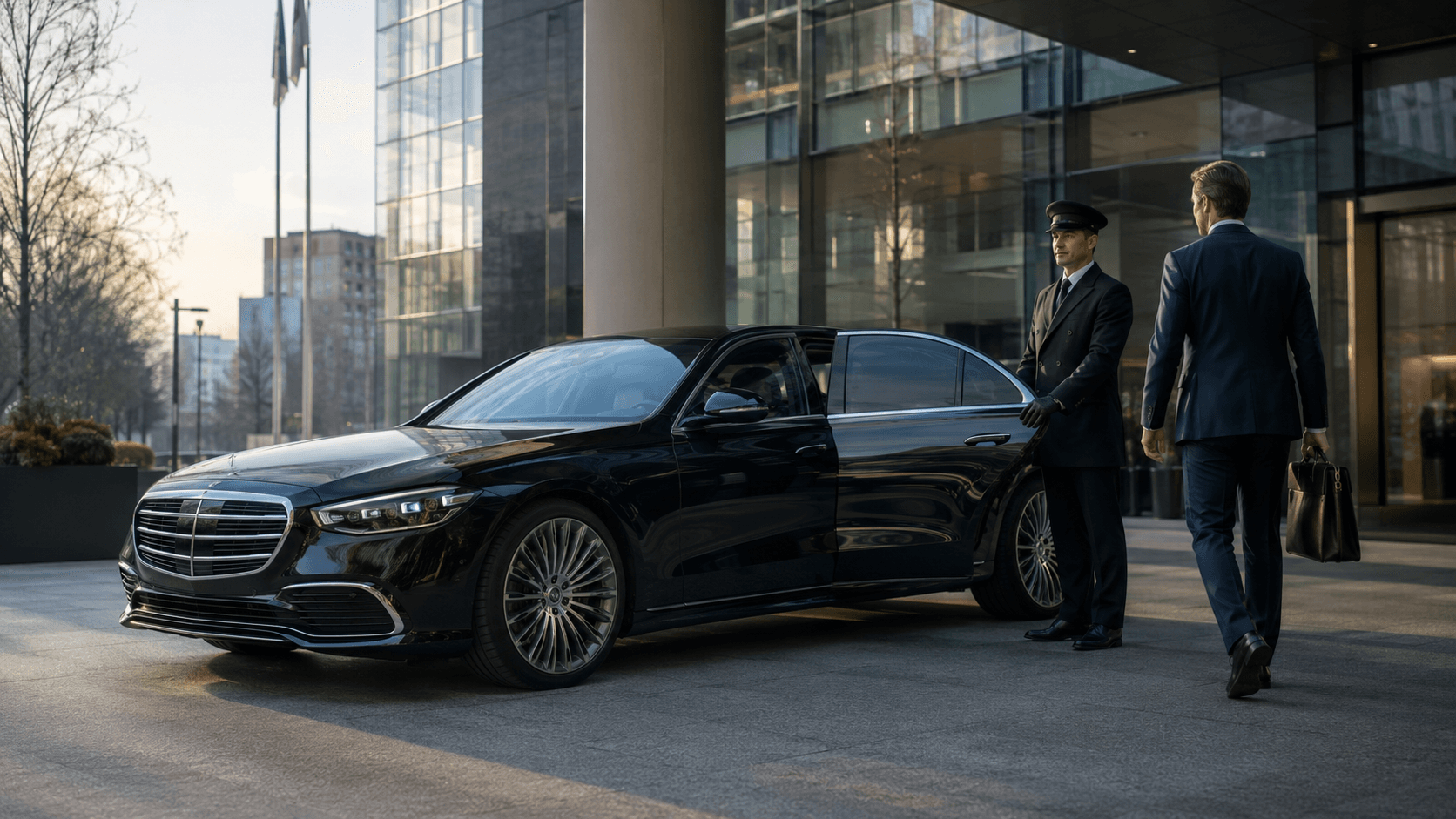 Mercedes-Benz S580 staged at a K Street office entrance in Washington, DC at dawn.