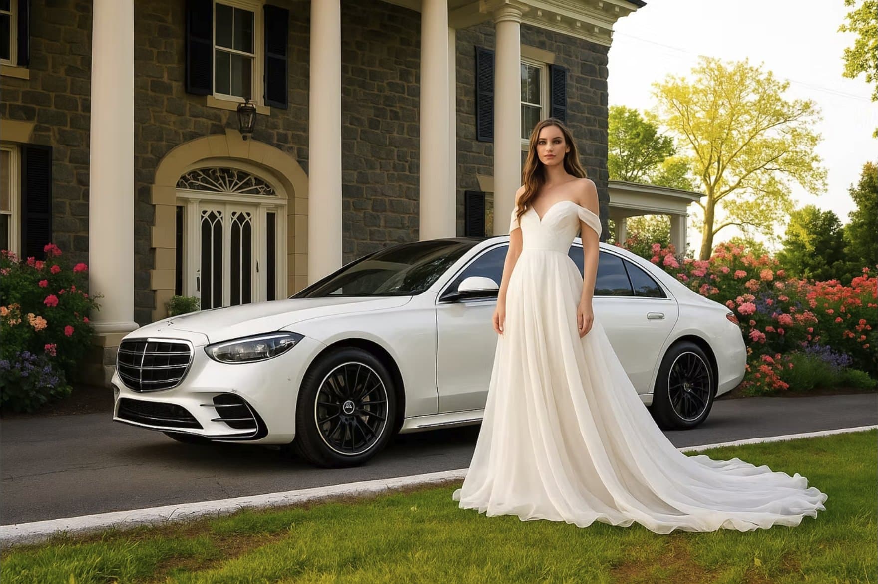 Bride stepping from a Mercedes-Benz S580 onto a red carpet at a Washington, DC ceremony venue.